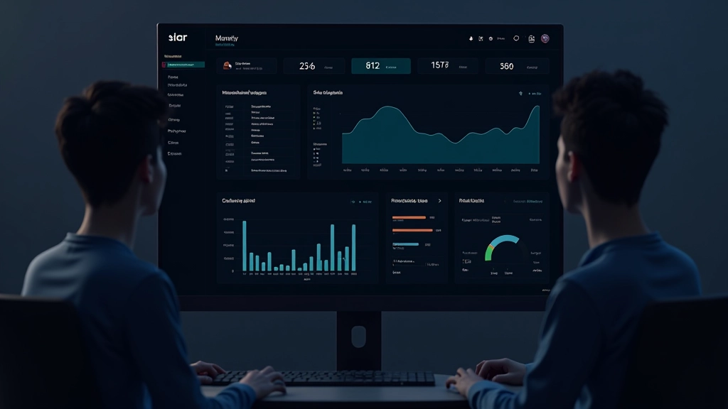 Komplexes Dashboard mit hoher Informationsdichte, aber klarer Hierarchie — wichtige Metriken oben, detaillierte Daten unten