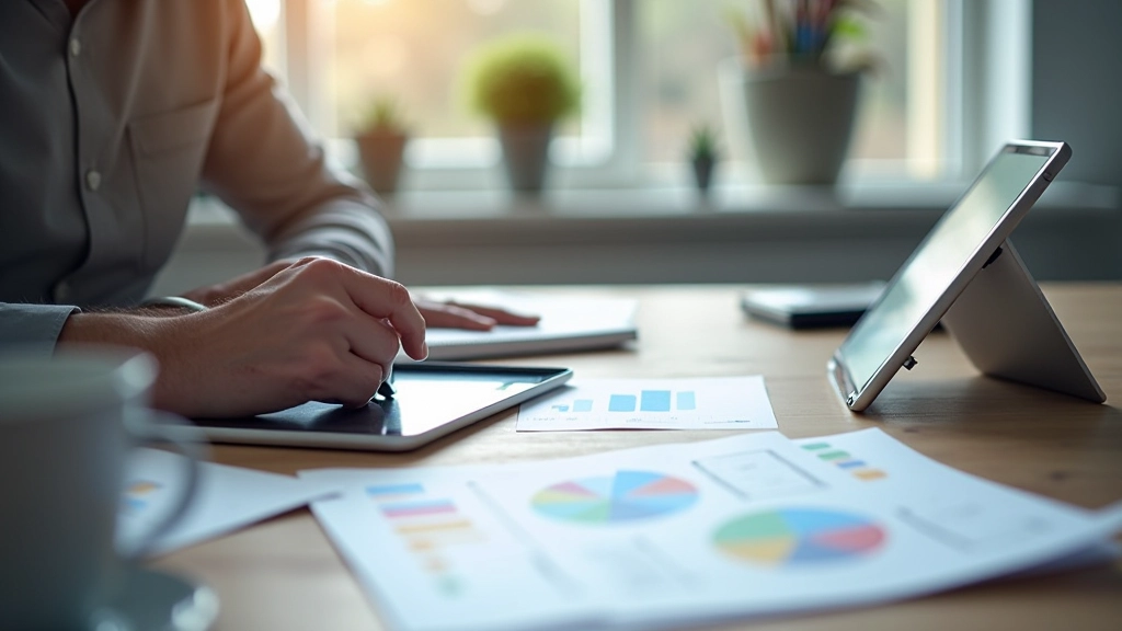 Designer arbeitet an Dashboard-Skizzen mit Stift und Tablet, verschiedene Widget-Layouts und Wireframes sichtbar