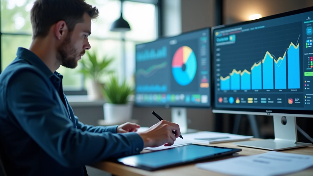 Designer arbeitet an Dashboard-Layout auf Tablet mit Visualisierungselementen
