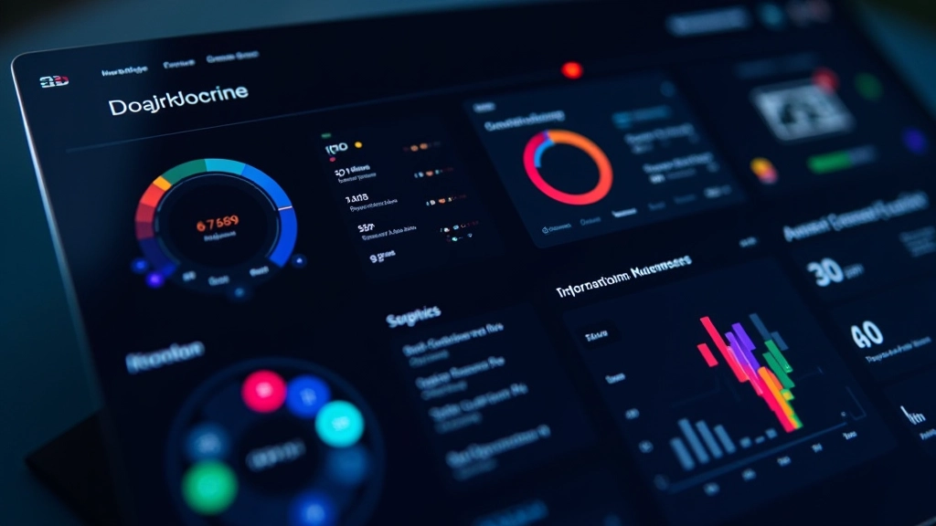 Modernes Dashboard-Interface mit mehrfarbigen Diagrammen und Widget-Anordnung auf dunklem Hintergrund