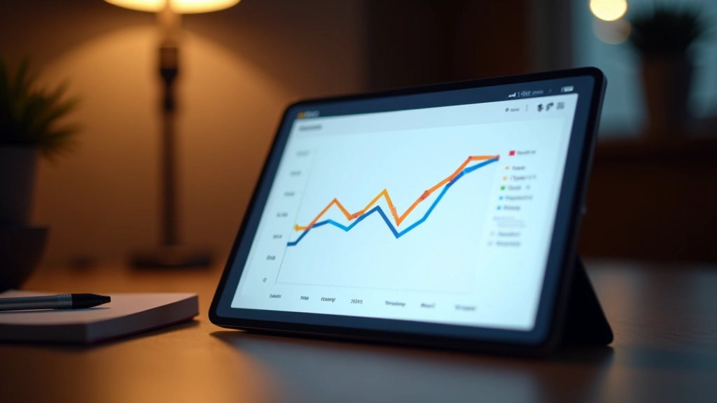 Liniendiagramm auf Tablet-Bildschirm mit mehreren Trendlinien in verschiedenen Farben, zeigt Umsatzentwicklung über 12 Monate