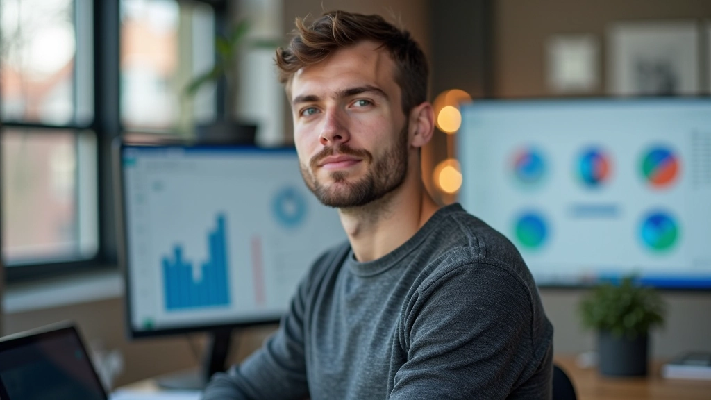 Designer bei der Arbeit mit verschiedenen Diagrammtypen auf dem Monitor, Notizbuch und Skizzen daneben