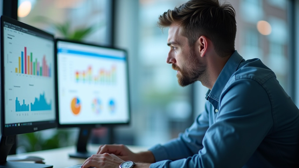 Designer am Schreibtisch mit mehreren Monitoren, die verschiedene Dashboard-Designs und Wireframes zeigen